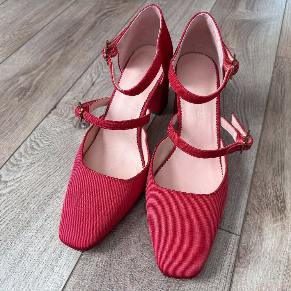 J. Crew Marta Double Strap Block Heels in Moire Silk, size 9